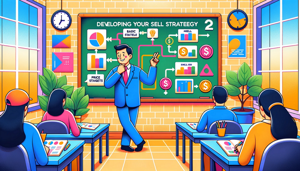Module 2: Developing Your Sell Strategy 1 DALL·E 2023 12 24 16.46.05 Revise the image to create a colorful user friendly 16 9 aspect ratio graphic for the cryptocurrency course Module 2 Developing Your Sell Strategy